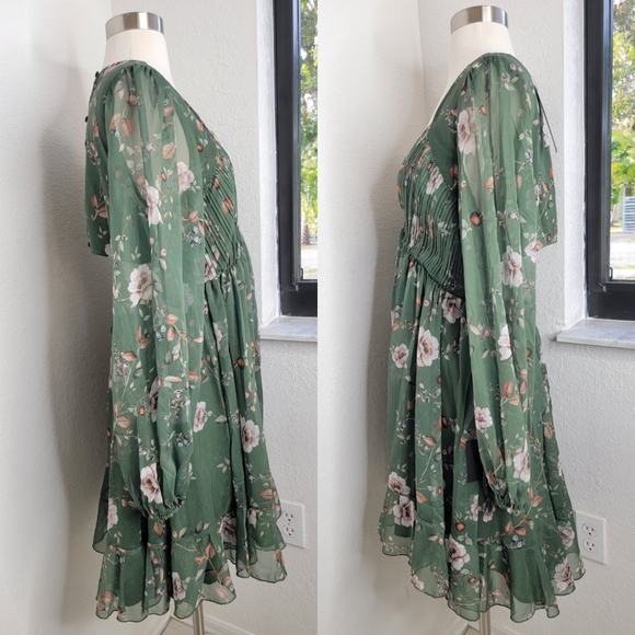 LULUS Endless Charisma Green Floral Chiffon Long Sleeve Mini Dress NWT L. - Picture 7 of 11